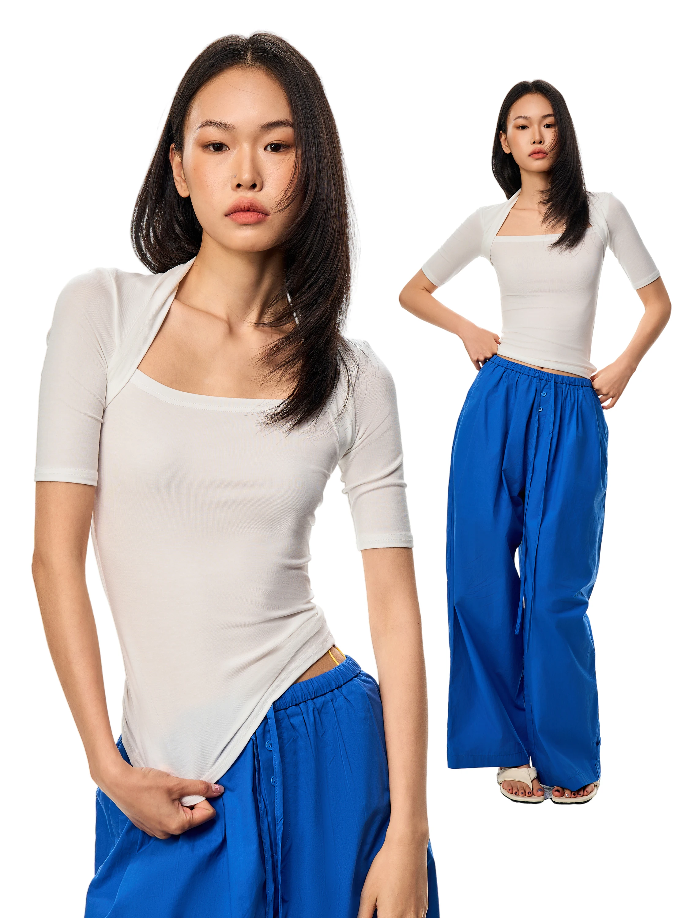 American Style Women's T-shirt GOGO BURN V-neck Short Sleeve Silk Five-belted Design Casual Slim Fit Autumn New Arrival