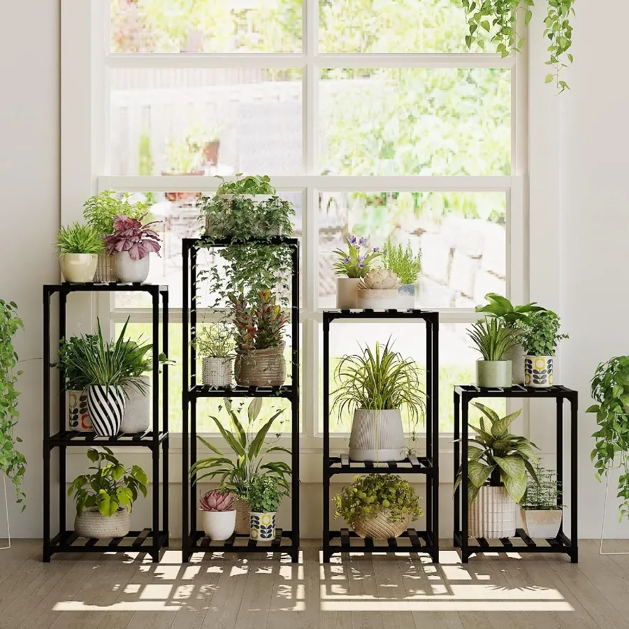 

Черные подставки для растений, 4 комплекта посуды, полка для растений, комнатный бамбуковый стол для растений, уличные полки для растений для гостиной