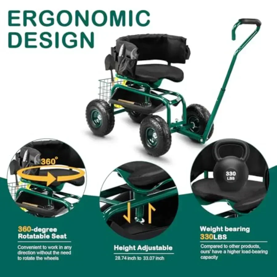 Garden Cart with Soft Rolling Seat, Wheels, Adjustable Steering Handle and Utility Tool Tray, Planting Wagon Scooter, Gardening