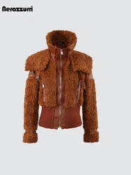 Nerazzurri Autumn Winter Chic Warm Pu Leather Patchwork Faux Fur Coat Women Zip Up Luxury Designer Clothes Fuzzy Fluffy Jacket