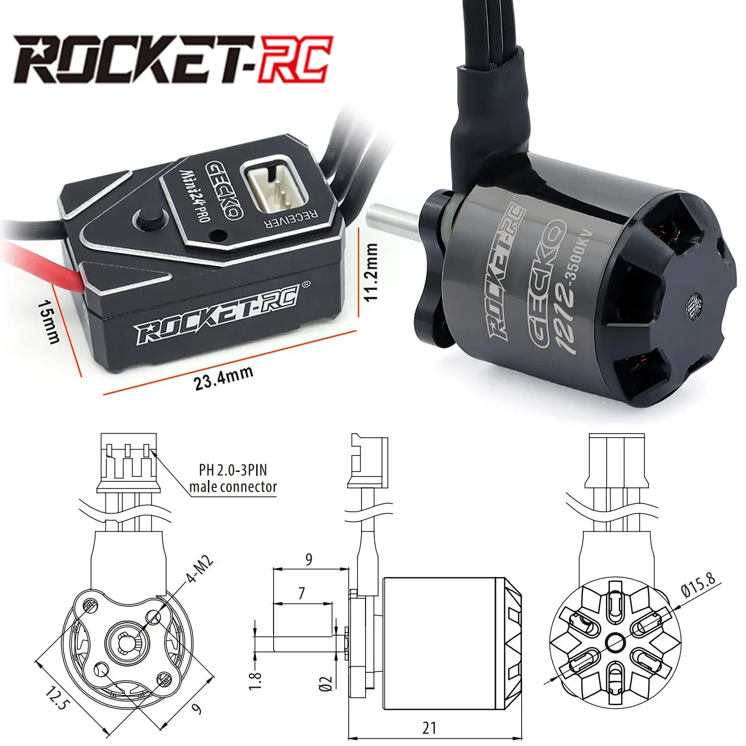 

ROCKETRC 1212 1212Pro Outer-rotor Brushless Motor Mini24 Mini24Pro 15A ESC 2-3S Combo for 1/16 1/18 1/24 RC Crawler Climbing Car