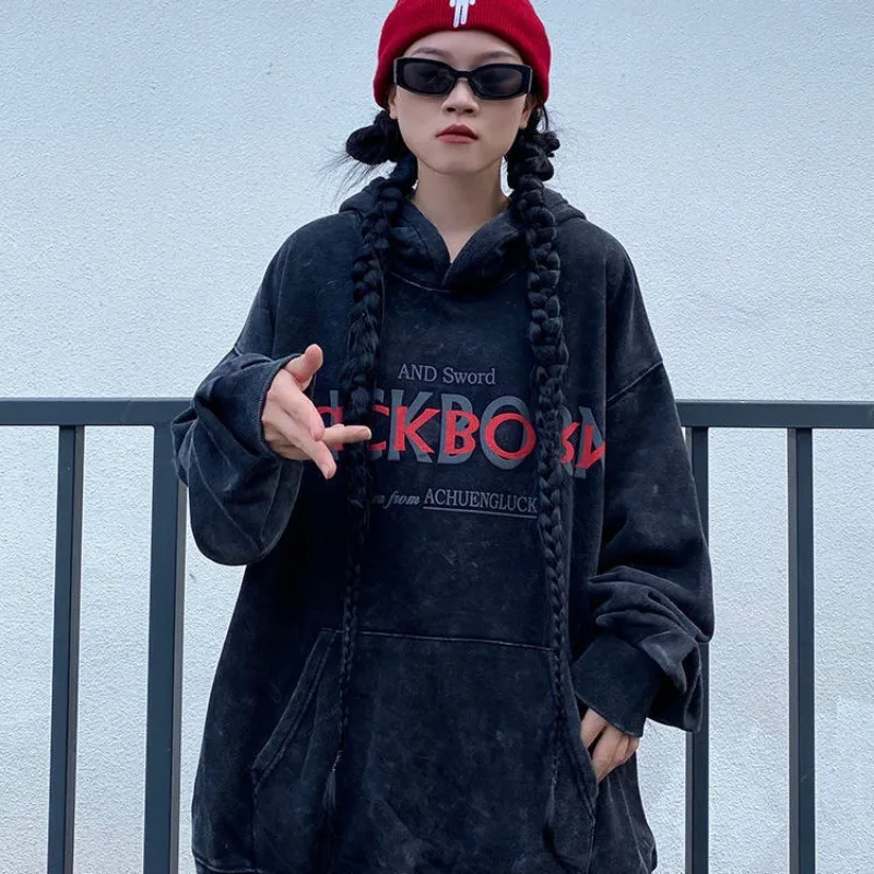 

Woman Clothing Letter Printing Women's Sweatshirt Text Hoodies Top Hooded Loose Grunge Hip Hop Baggy Y2k Style Emo Vintage Thick