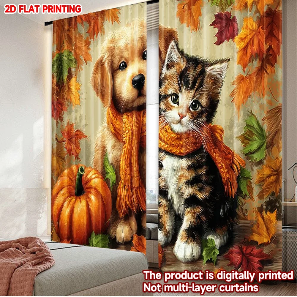 

2D flat printing 2pcs Party Curtains Fall Kitten Puppy Leaves Pumpkin Digital Printed Polyester Drapes Seasonal Party & Holiday