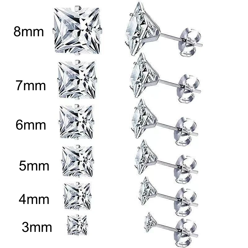 Brincos de zircão limpo quadrado de aço inoxidável para homens e mulheres, tamanho de 3mm a 8mm, 316 L