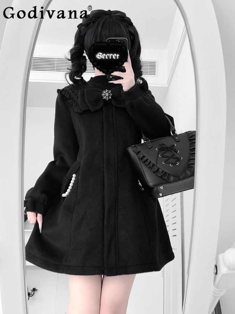 

Original Mine Mass-Produced Black Long Jacket 2025 Autumn Winter New Women's Slim Fit Elegant Lolita Woolen Coats Lady Overcoat