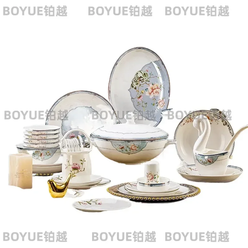 Nordic Bone China Dinnerware Set Jingdezhen Ceramic Plates Bowls Chopsticks Household Tableware Gift Box for Dining Kitchen