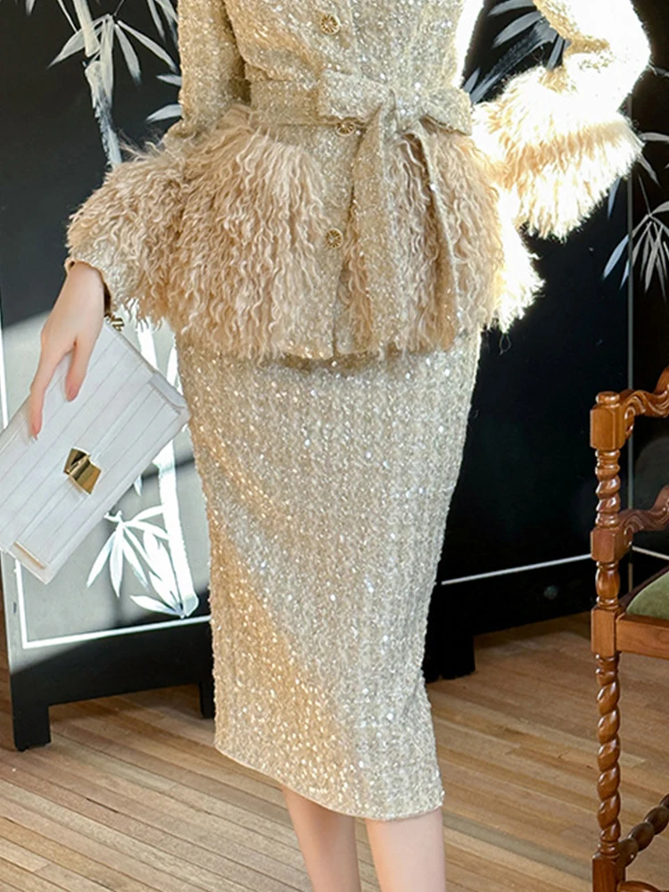 

Women's Exquisite Luxury Elegant Midi Skirts Elegant Sparkling Sequins Thick Tweed Femme Party Skirt Banquet Fashion Clothing