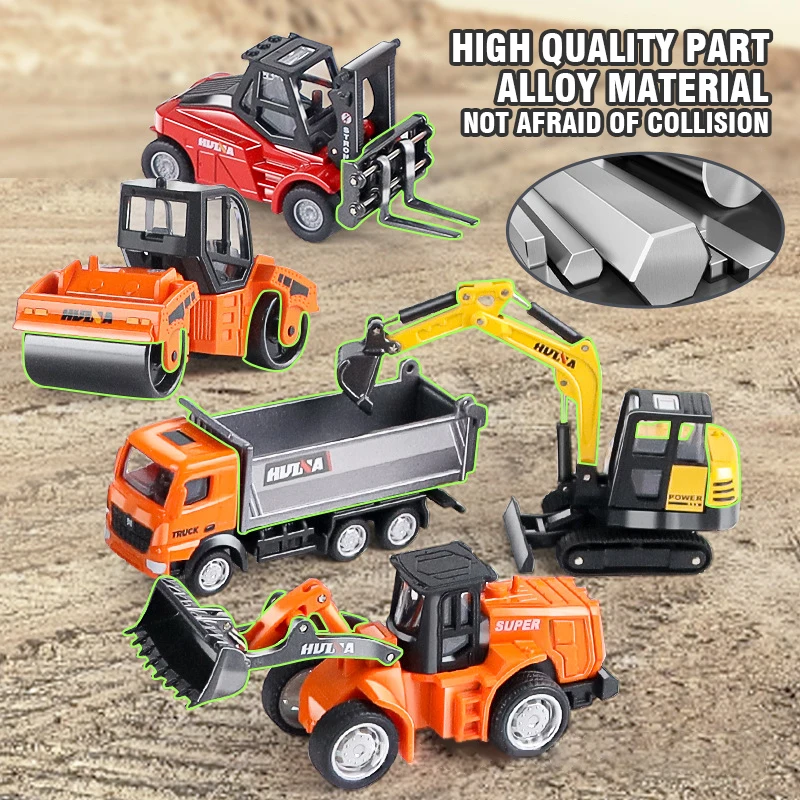 HUINA 1/80 Mini Alloy Engineering Die-cast and Model Vehicles Excavator Road Roller Dump Truck Forklift Cars Toys for Children