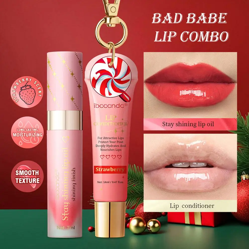 Lippenfleck- und Lippenöl-Set, Erdbeergeschmack, glänzendes Gel auf Wasserbasis, feuchtigkeitsspendend, feuchtigkeitsspendend, für Damen, Lippen, Make-up, Kosmetik, Weihnachten