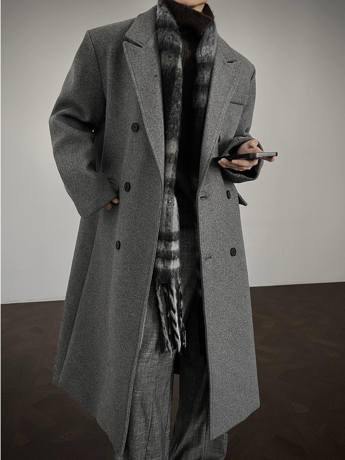 

ay Double-breasted Thiened Woolen Men's Coat Mid-length Autumn Winter Knee-length Briti Sle Suit Collar Jaet
