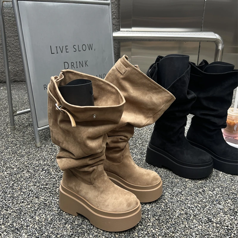 Winter Platform Women Knee-High Boots Fashion Slip On Long Booties Street Style Female Elegant High Heels Shoes