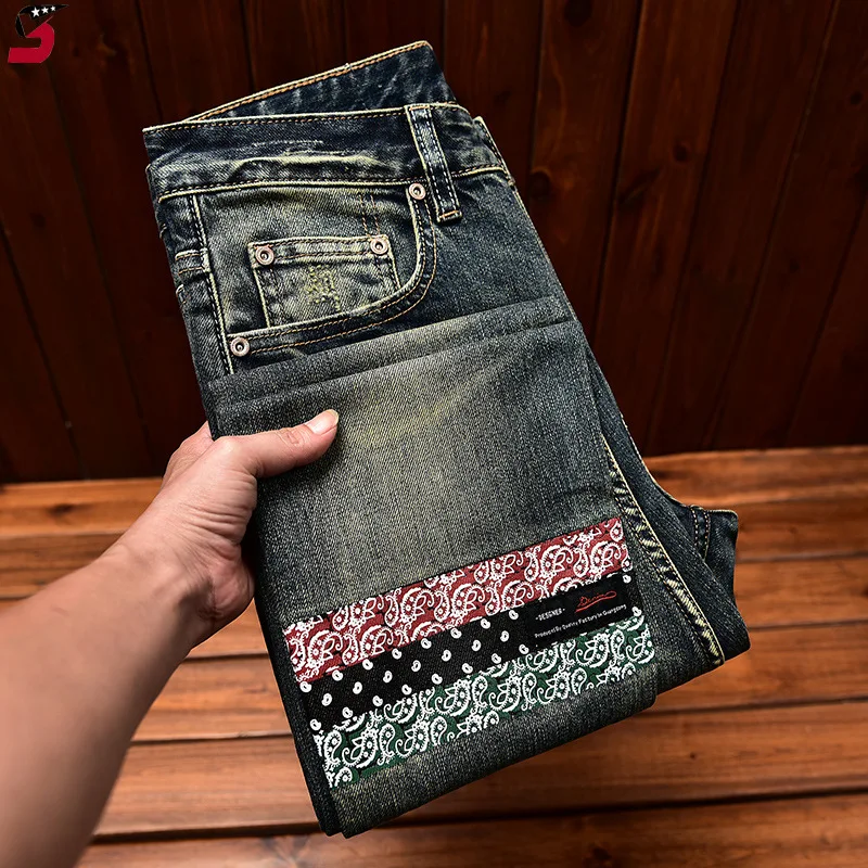 Fashionable High-End Jeans Men\'s Retro Nostalgic Stitching Trendy Printed Slim Straight 2024 Autumn New Denim Long Pants