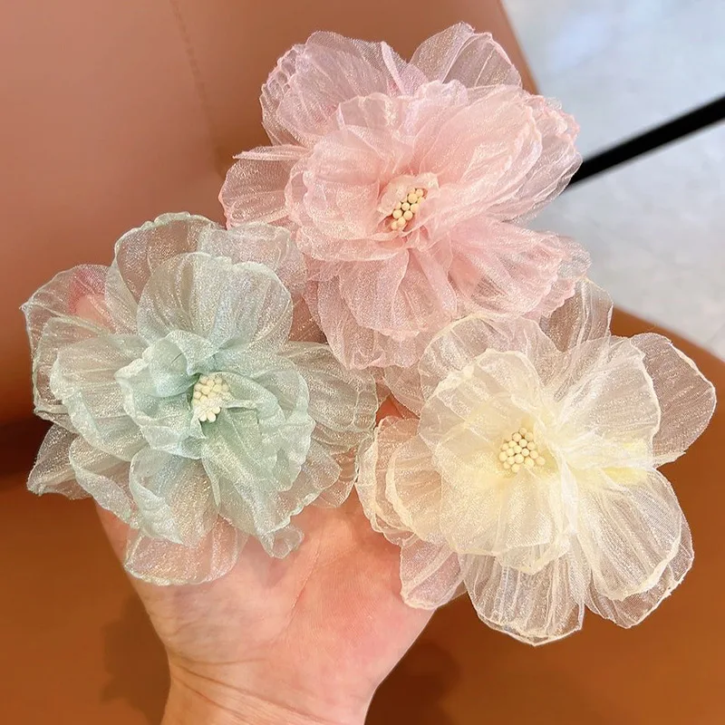 2024 Spring Summer Organza Flower Hairpin for Children Girls Sweet Gauze Camellia Hair Clip Headwear Holiday Hair Accessories