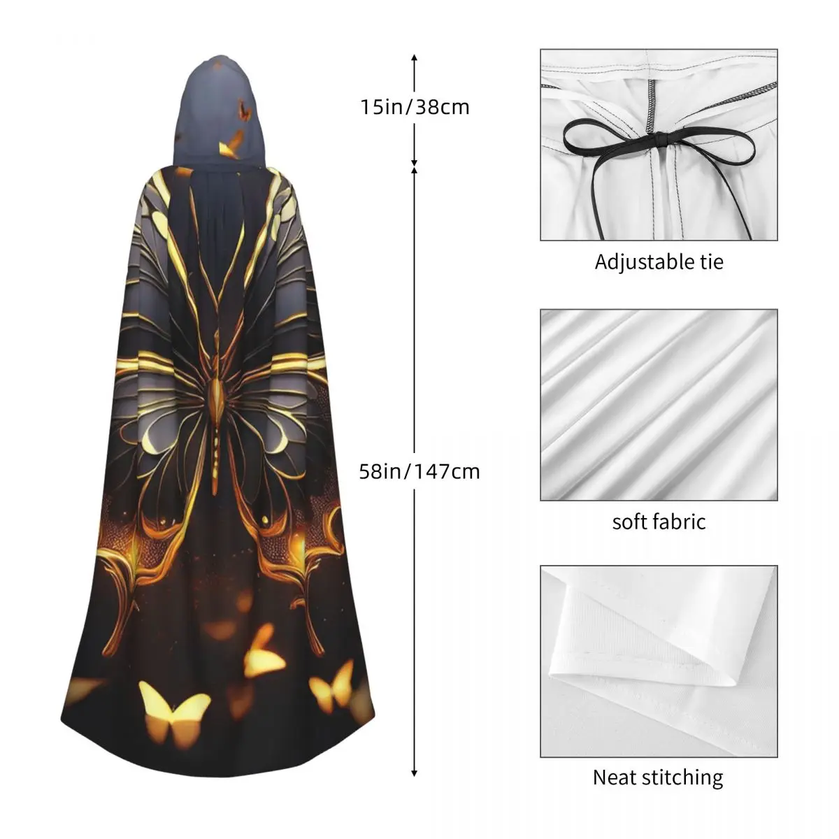 Beautiful Black And Gold Butterflies Flying About Long Hooded Cloak Witch Medieval Costume Cosplay Cape HalloweenParty Unisex