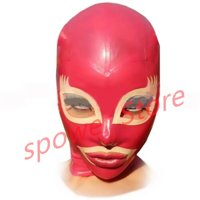 Natural Latex Full Head Latex Hoods Rubber Mask Fetish Cosplay Mask Red with White Trim Back Zipper Club Wear