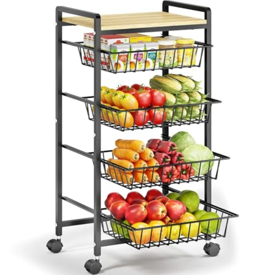 

5-Tier Kitchen Cart with Tabletop Rolling Snack Cart with Lockable Wheels Fruit Vegetable Storage Basket with 4 Pack Mats Metal