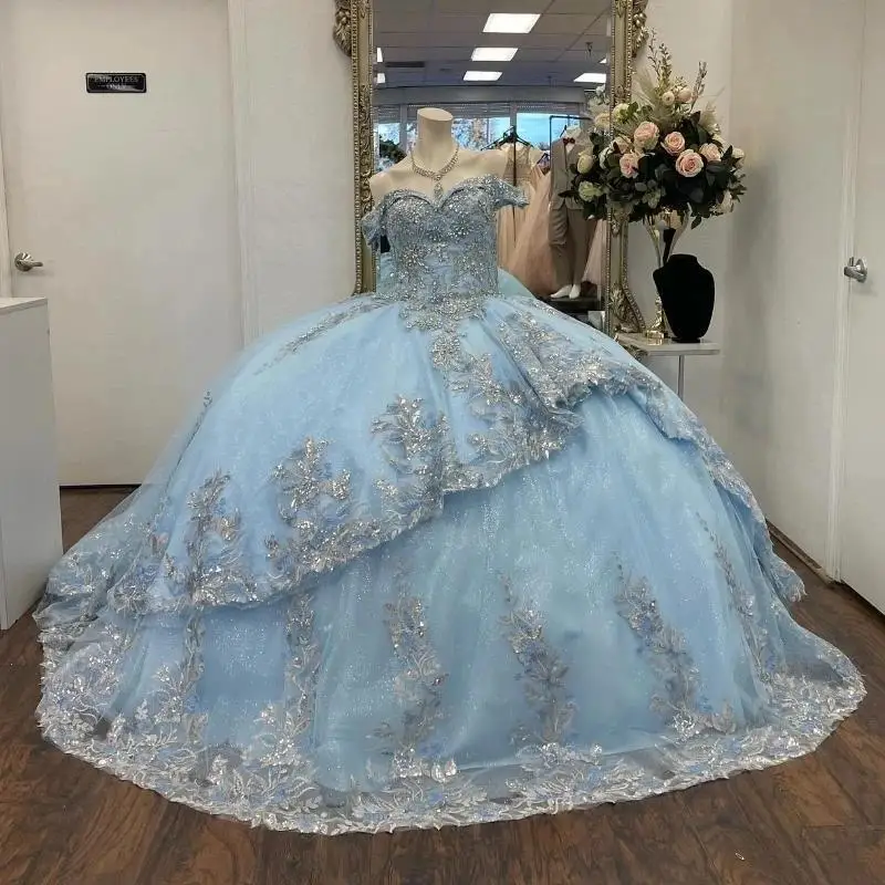 

Sky Blue Shiny Quinceanera Dress Princess Off the Shoulder Prom Gown Tulle Appliques Lace Beads Sweet16 Dress Vestidos De 15Anos