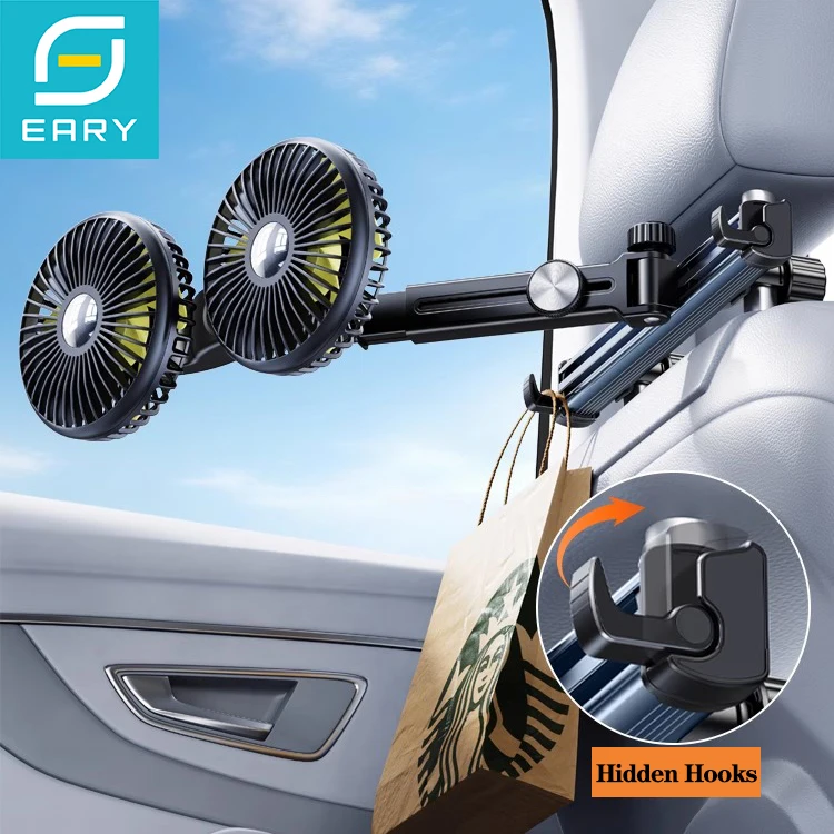 

Eary Summer Car Back Seat Fan Headrest Dual Head Fan With 3 Speeds Extension Arm Adjustable With 2 Hidden Hooks Fan For Your Car
