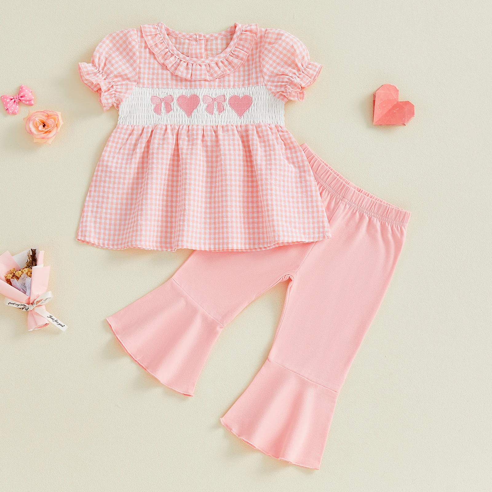Adorable ensemble de saint-valentin pour petites filles, haut à manches volantées, imprimé cœur, taille élastique, pantalon évasé, 2 pièces