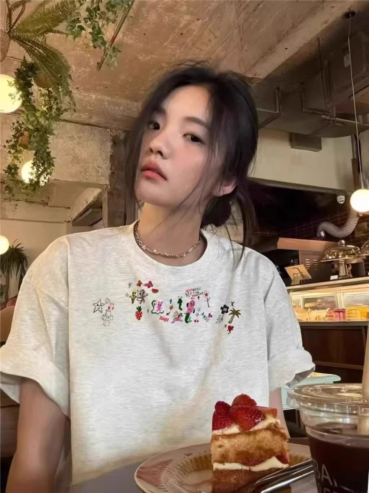 Faionable Fre Floral Print redondo Ne ort Sve Camiseta feminina solta casual versátil Age-defng verão top