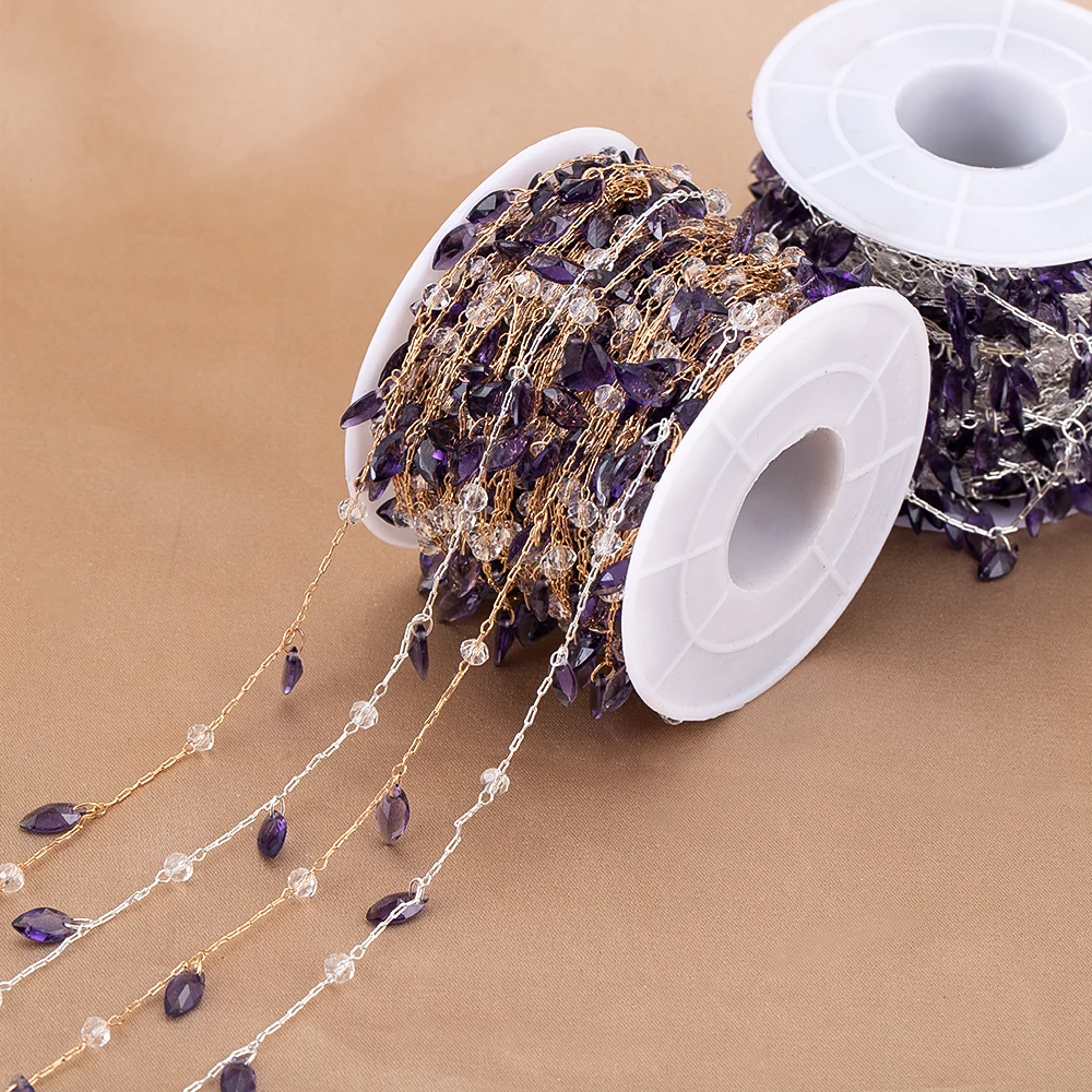 0.5/1Meter Copper Chain Lavender Purple Zircon Links Water Droplet Chain For DIY Jewelry Necklace Bracelet Making Accessories