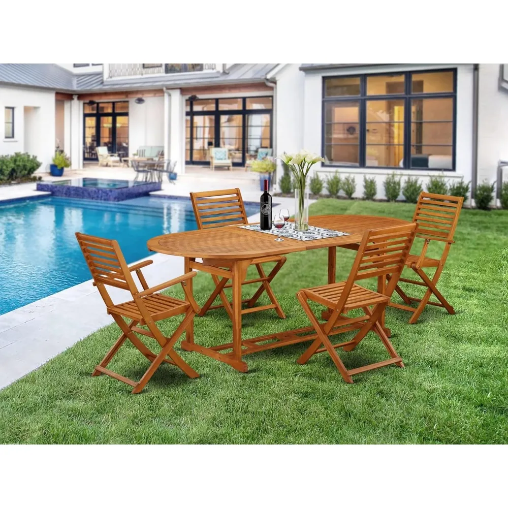 5 Piece Patio Dining Set Includes an Oval Outdoor Acacia Wood Table and 2 Folding Arm Chairs with 2 Side Chairs, 36x78 Inch