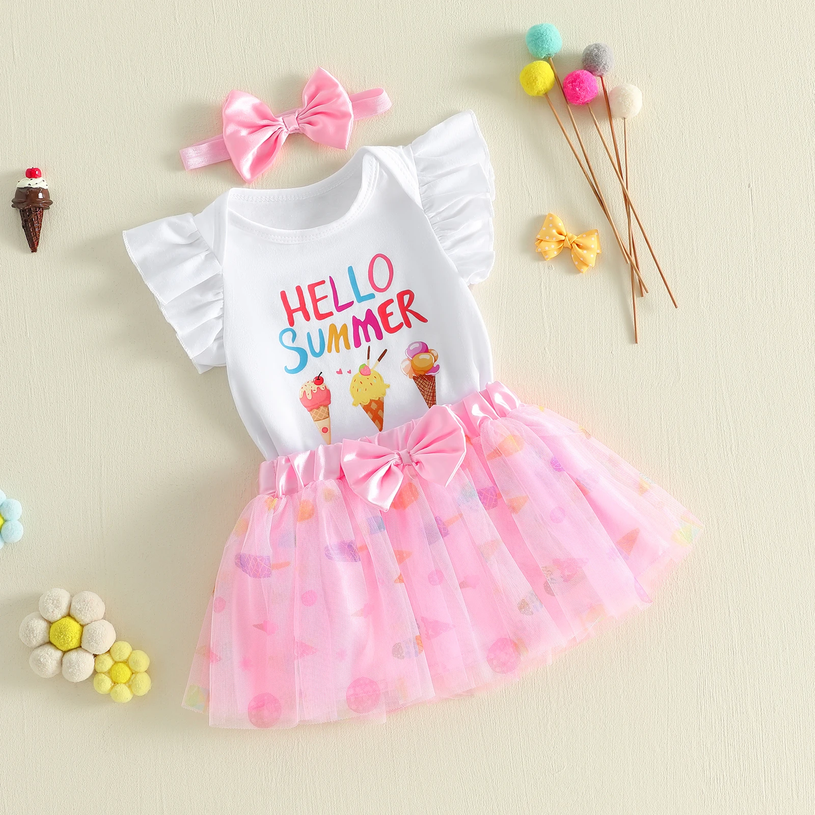 3Pcs Infant Girl Outfit Crew Neck Flying Sleeve Summer Themed Ice Cream Print Romper Tulle Skirt Headband Set