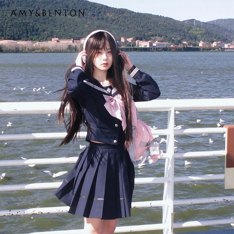 

Japanese Jk Uniform Original Autumn Dark Blue Sailor Collar Long Sleeves Top Suit Solid Color Mini Pleated Skirt Suit For Girls