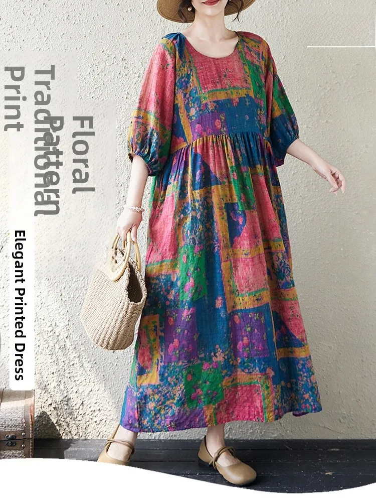 

Summer Travel Holiday Ethnic Print Loose Large Size Linen Long Dress Women's Lantern Sleeve Cotton Linen Dress City Commute Date