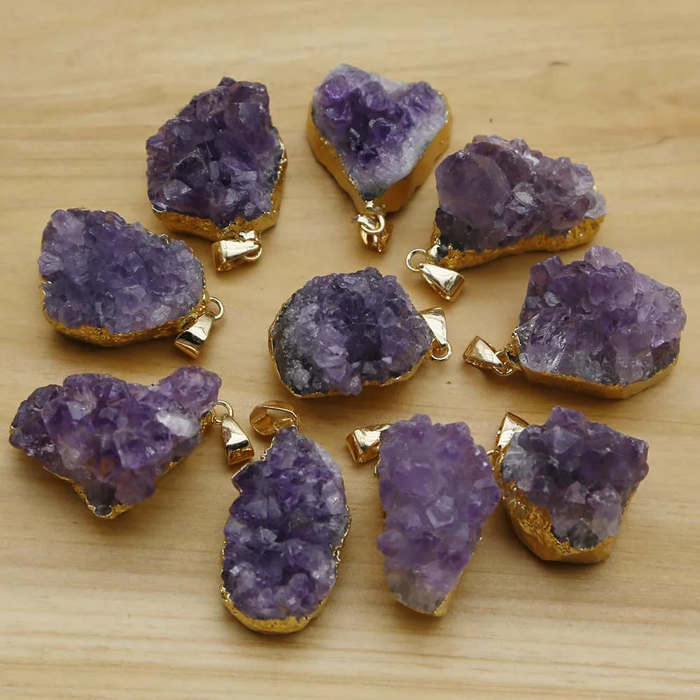 Natural Stone Raw Ore Amethyst Necklace Pendants Irregular Phnom Penh Quartz Quality Purple Crystal Jewelry Gift Wholesale 10Pcs