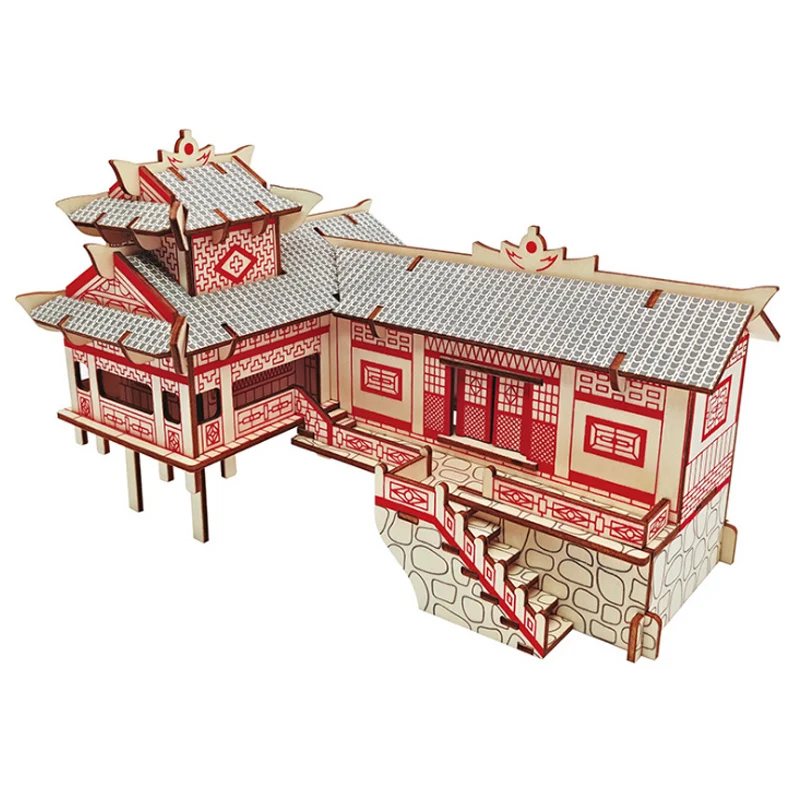 Chinese Architecture 3D Wooden Construction Puzzles Building House Model Wood Jigsaw DIY Educational Toys For Children Kids