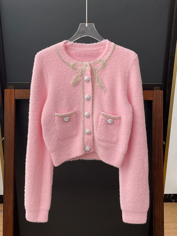 Elegant Commuter Pink Knitted Suit Women's 23 Autumn Winter New High Quality Beaded Bow Cardigan Top+Hip Skirt Sweet 2-Piece Set