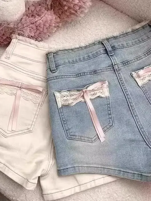 Pantaloni caldi aderenti aderenti a vita alta con nodo in pizzo da donna taglie forti Jeans casual estivi a gamba larga