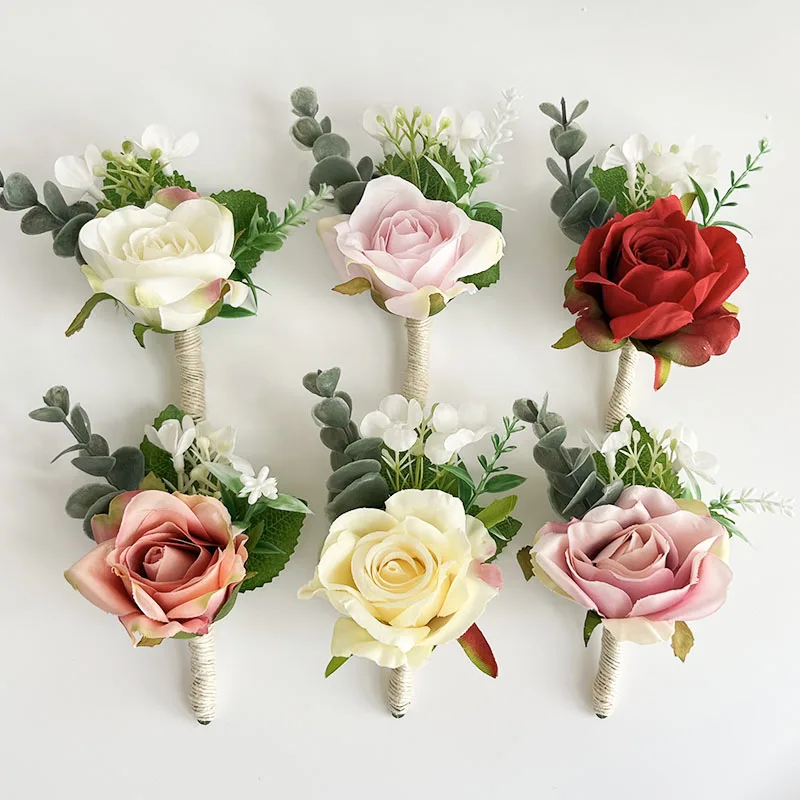 Boutonniere Bride Wedding Accessories Wrist Corsage Bridesmaids Red Roses Artificial Flowers Buttonhole Mariage Brooch Men Pins