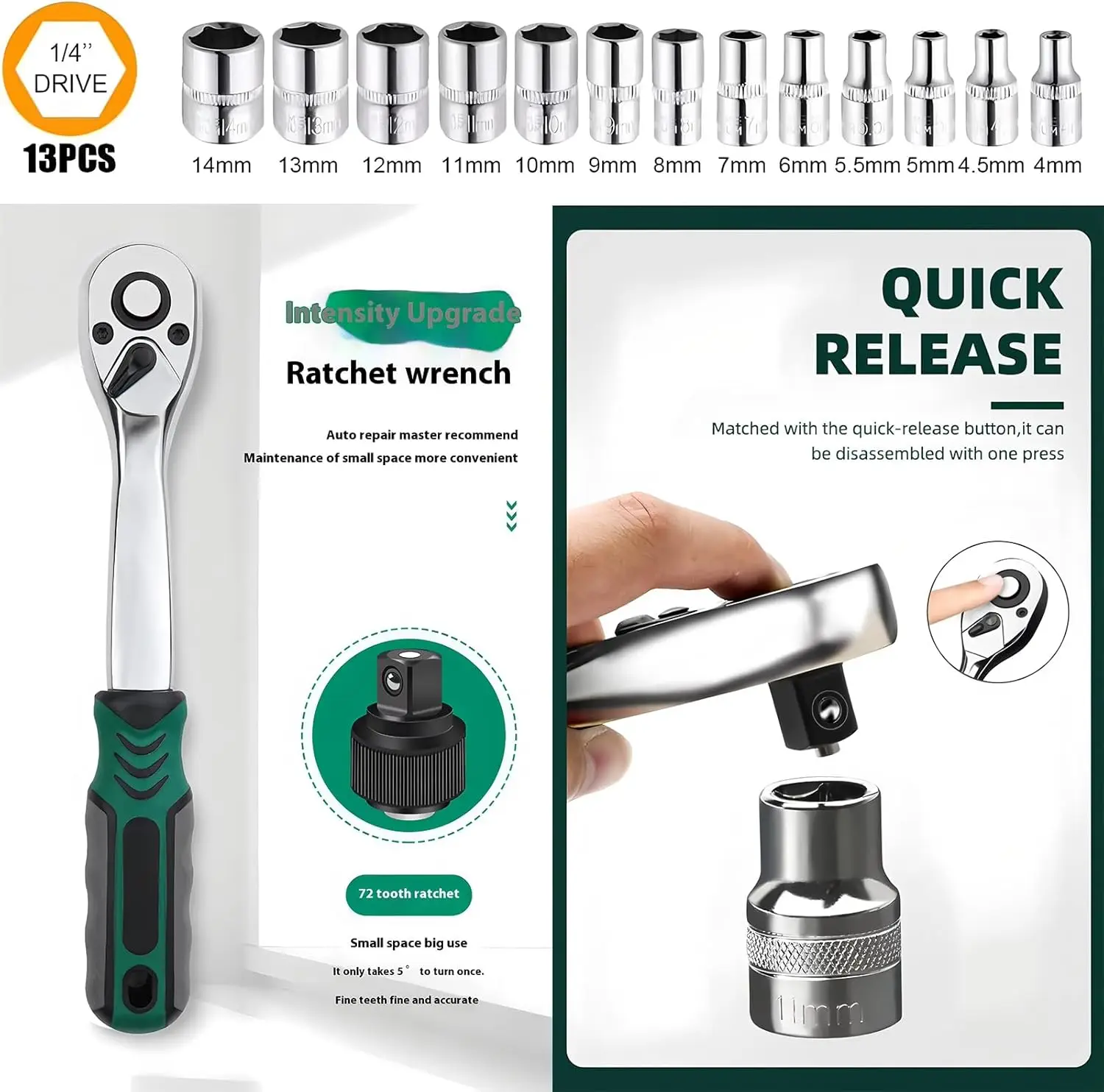 1/4インチ小型ラチェットソケットレンチセット（20個入り）1/4ラチェットエクステンション＆磁気ピックアップツール付き