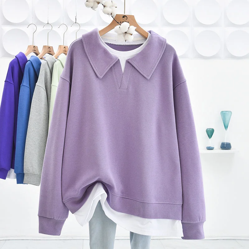 Damskie bluzy plus size, moletom, sztruksowe, z temperamentem, łączone, luźne, z podszewką, w stylu koreańskim, z okrągłym dekoltem, dla dorosłych kobiet.