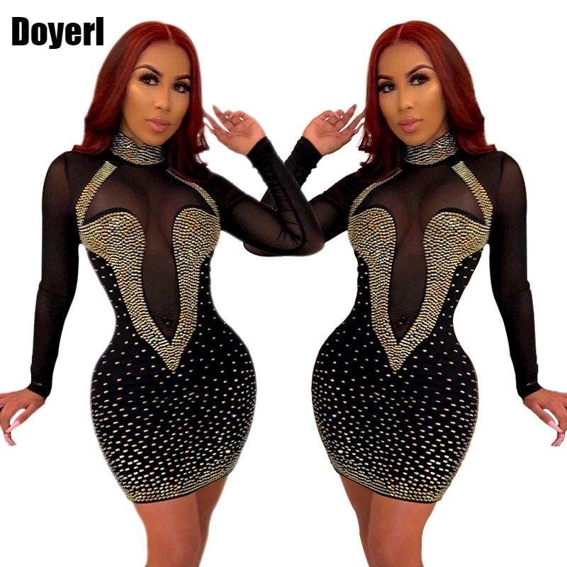 حجر الراين مثير فستان سواريه بأكمام طويلة النساء الخريف أنيقة Bodycon نادي فستان شاش شفاف المرقعة فستان قصير قصير 2022