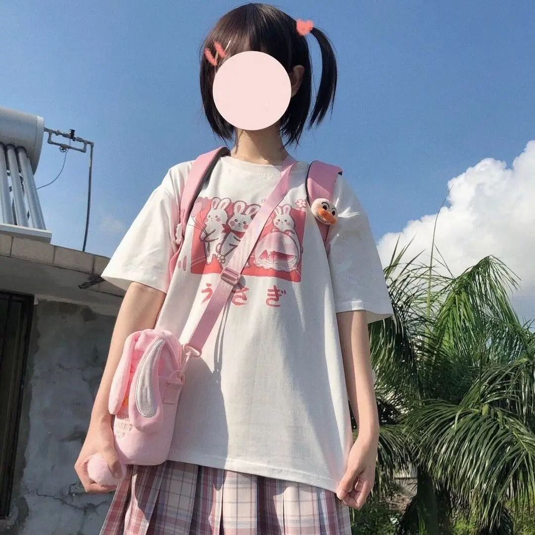 ملابس نسائية كورية أنيقة غير رسمية قميص موهير هاراجوكو مطبوع عليها صورة أرنب لطيف كاواي ملابس للخروجات اليومية للصيف