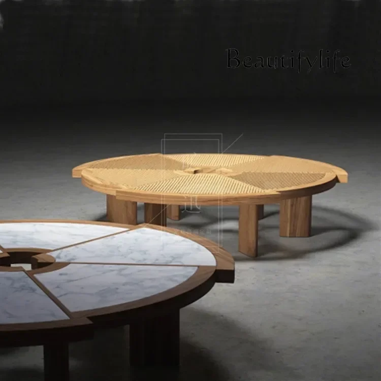 N الشمال الخشب الصلب مضفر الروطان طاولة القهوة الصينية الجديدة على شكل مثلث الربط الروطان سطح طاولة شاي بسيطة #4