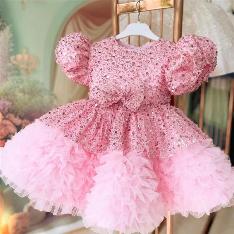 

Childen's Pink Flower Girl Dresses Glitter Beads Sequin Bow Evening Party Fluffy Skirt Ball Gown Communion Kid Tutu Dress