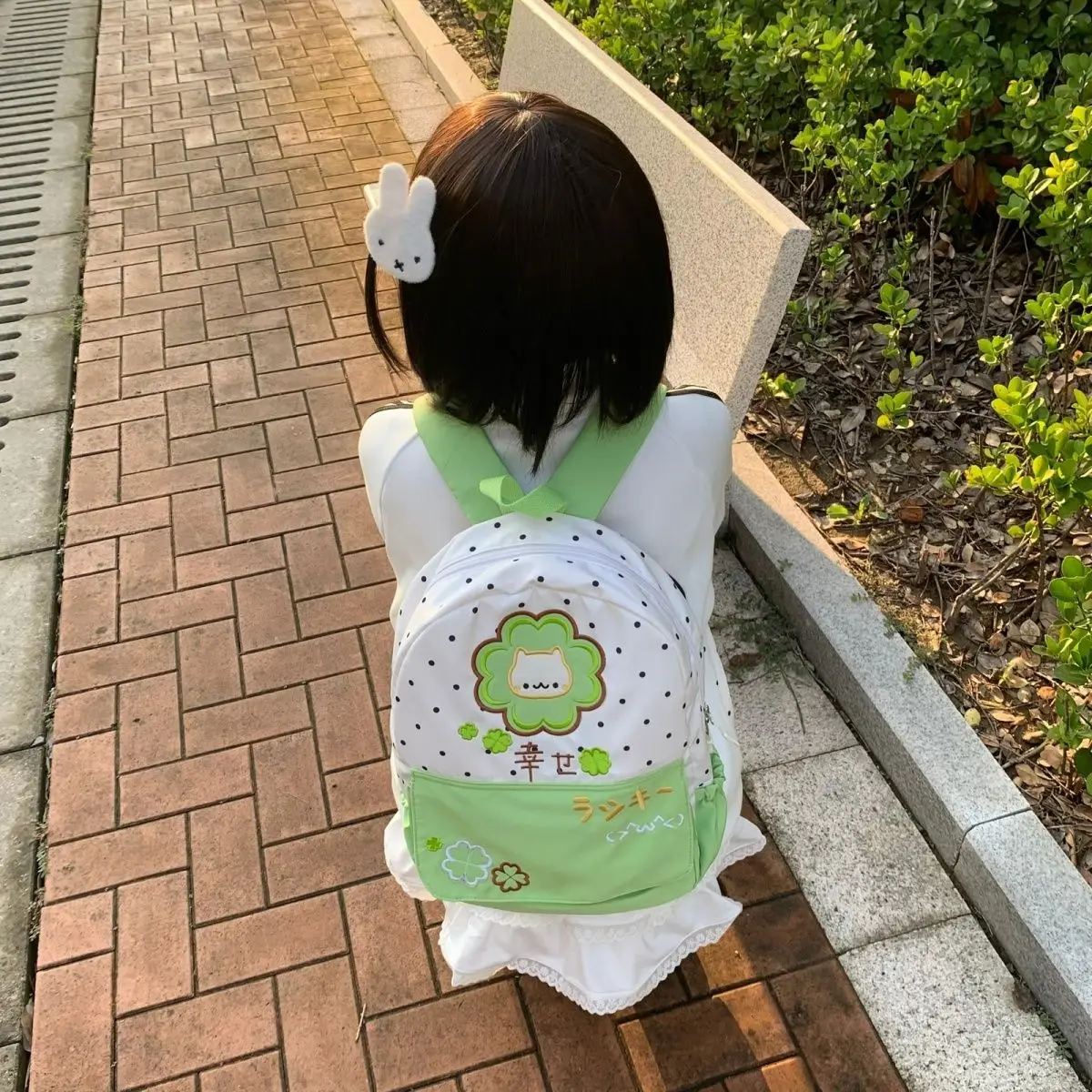 Japanese Original Lucky Four-Leaf Clover Polka Dot Cute All Match Backpack Women Preppy Style Sweet Girl School Backpack