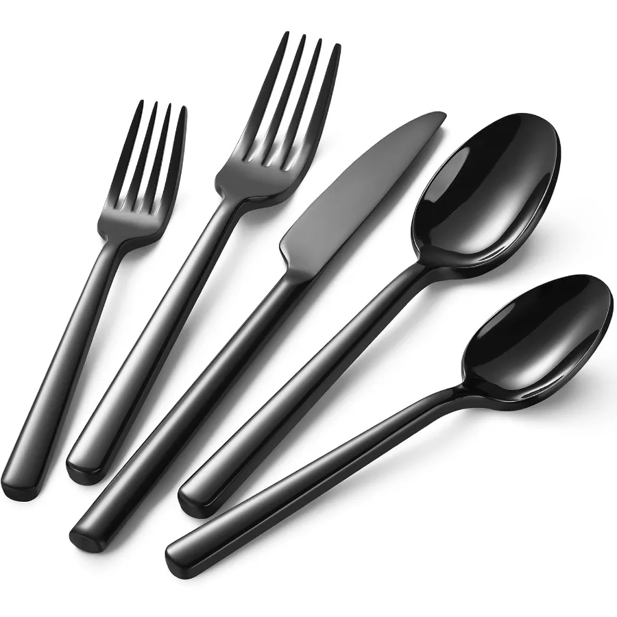 

40Piece Black Silverware Set HeavyDuty Stainless Steel Black Flatware Set for 8 Cutlery Set with Modern Round Handle Mirror Pol