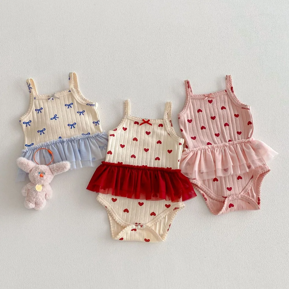 Cute Newborn Baby Girl Romper 0-2Years Infant Girls Sleeveless Strap Heart Pattern Skirted Bodysuit Outfits Summer Clothes