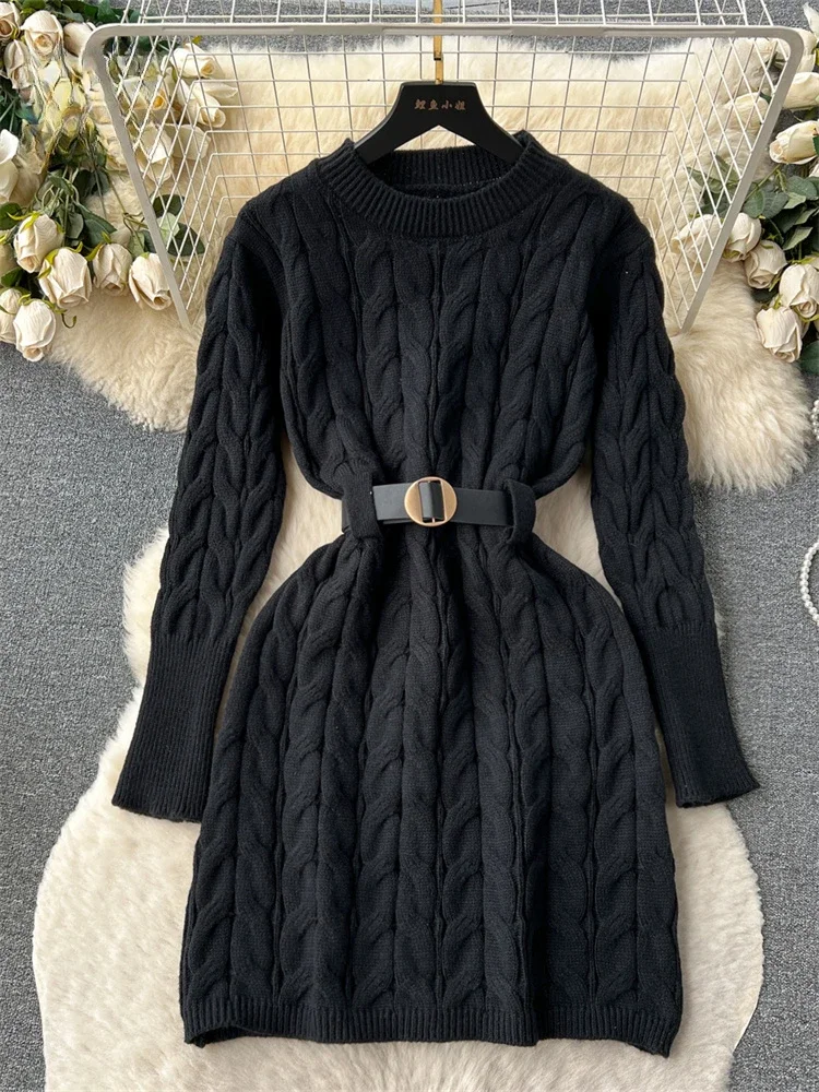 Winter Warm Knit Mini Dress Women Belt Long Sleeve O Neck Elastic Waist Elegant Ladies Slim Soft Sweater Dresses