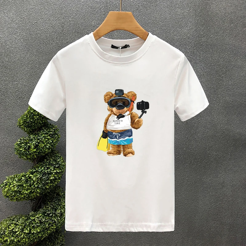

Summer Men's Casual Short Sleeve T-shirt Diving Bear Print Man Design Tees Vintage Trendy High Quality Cotton Tops for Male