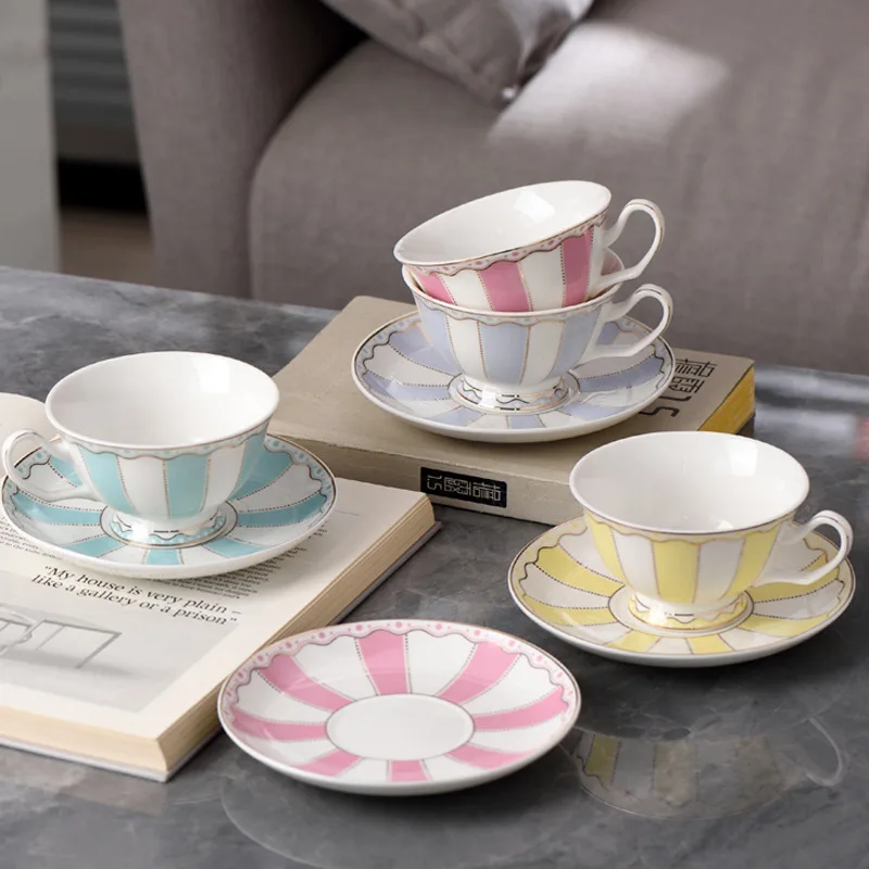 

European Style Palace Style Coffee Striped Cups Creative Art Ceramic Office Home Exquisite Coffee Mugs Character Coffee Cup Dish