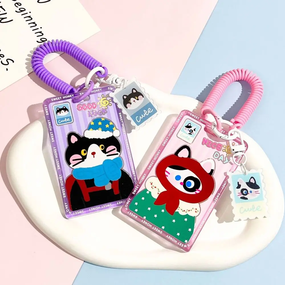 High Quality Portable Card Holder with Keychain Cartoon Cat Card Bag Transparent Anti-lost Card Case Student