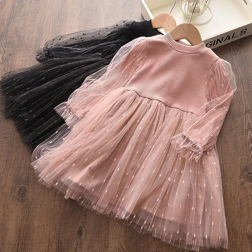 

Pink Princess Dress For Girls Sequined Puff Sleeve Knit Tulle 90-130cm Party Dresses For Girls Autumn Winter Long-sleeved Dress