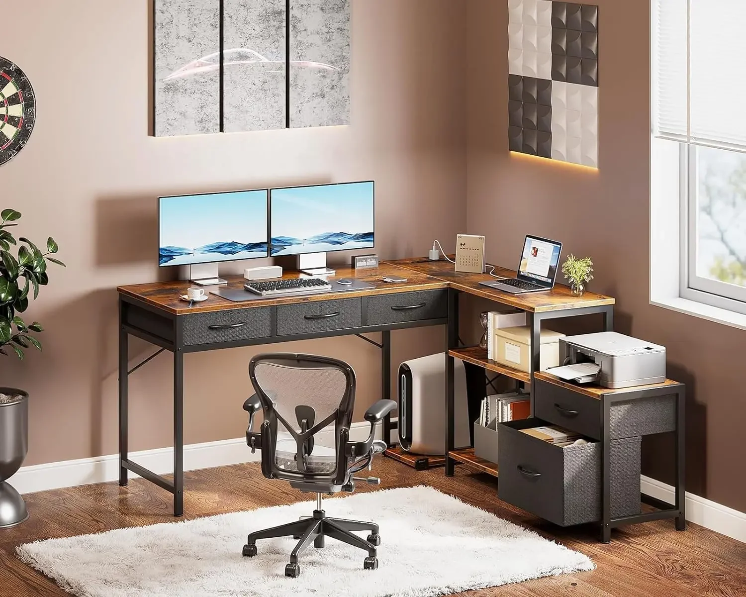 Shaped Computer Desk with Fabric Drawers and File Cabinet, 61