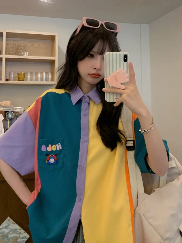 

Color Block Neck Short Sleeve Shirt Women's Oversize College Style Outerwear Trendy Summer New Arrival Commute Style Pol...